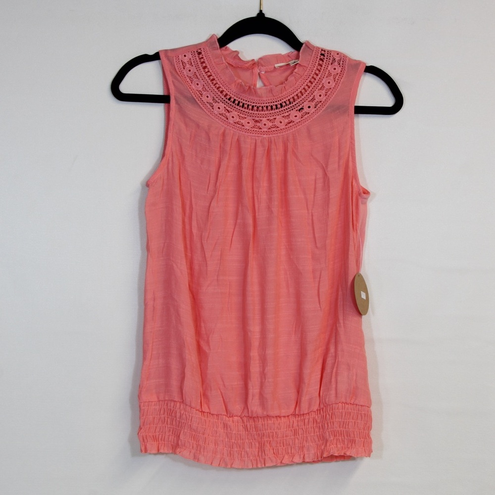 Parallel Skies Pink Elastic Waist Sleeveless Mock Crochet Neck Tank Blouse NWT